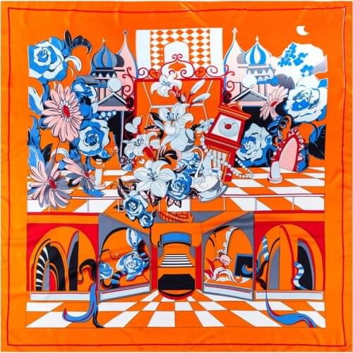 130cm Twill Silk Scarf Flower Palace Print Square Scarf Women Bandana Shawl Luxury Brand Foulard Scarves Wrap For Ladies Echarpe