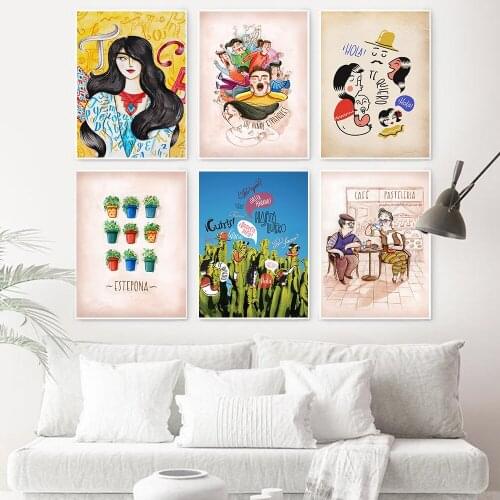 Nordic Spanish Canvas Painting Cartoon Girl Cactus Cute Quote Hello Wall Art HD Poster and Print for Living Room Home Decoration