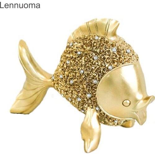 Lennuoma Golden Resin Fish Statue Cute Lucky Elegant Animal Statue Home Decoration Room Desktop Wealth Figurine Ornaments