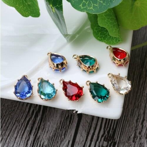 Super Shine 10PCS 10x14MM Gold Color Glass Tear Drop Shape Colourful Glass Beads Charms Pendants Findings