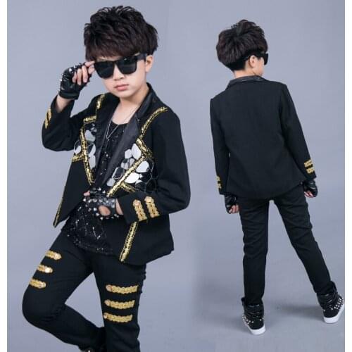 Hip Hop Dance Costume Boys Mirror Jacket Black Pants Sequins Singer Outfits Stage Performance Clothes Jazz Rave Clothes DNV15223