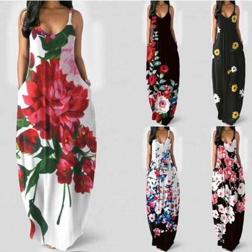 Womens fashion Dress large floral print sexy deep V halter long dress Female loose Casual Sundress Floor-Length Mujer Vestido