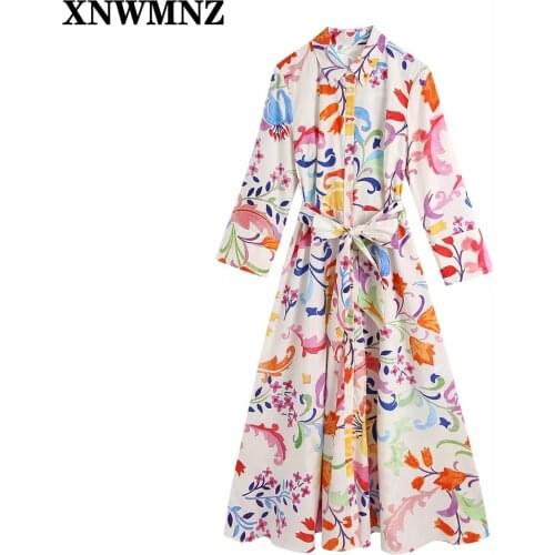 XNWMNZ 2021 Women Fashion With Belt Floral Print Midi Dress Vintage Three Quarter Sleeve Button-up Female Dresses Muje Chic Robe