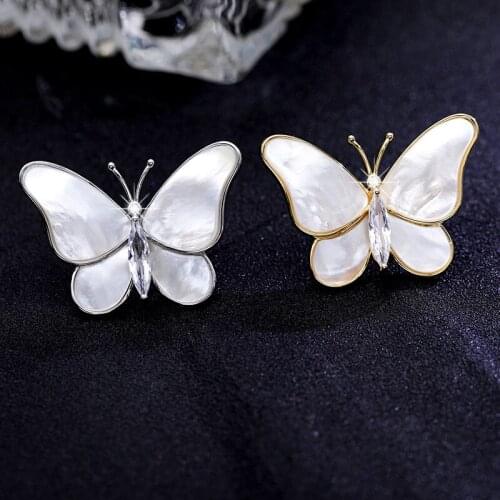 2pcs Womens White Mop Cameo Shell Gold plated cubic zircon crystal butterfly Brooch
