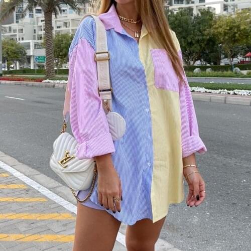 Color Patchwork Striped Oversized Shirt Women Casual Loose Long Sleeve Collared Blouses Femme Button Up Shirts Tops 2021 Autumn