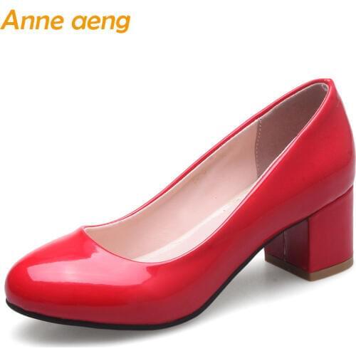 2019 New Spring/Autumn Women Pumps Middle Square Heel Round Toe Shallow Sexy Office Ladies Women Shoes Red Pumps Big Size 33-46