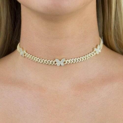 2021 Summer Top Quality Cuban Link Chain 3 Butterfly Charm Iced Out Sparking Bling Cubic Zirconia Women Choker Necklace Jewelry