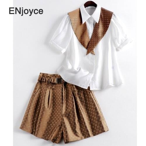 Vintage Printed Short Sleeve Shirt Tops and Shorts Two Pieces Sets Korean Style Office Ladies Elegant Workwear Suit Set Summer