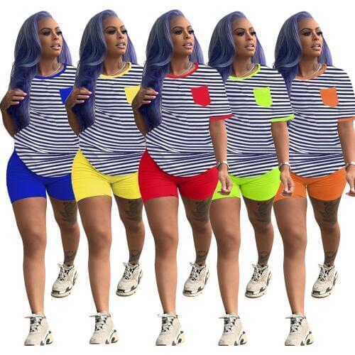 2020 Women Two Pieces Sets Summer Tracksuits O-Neck Striped Print Tops+Jogger Shorts Leggings Sexy Suit Fitness Outfit GL5313