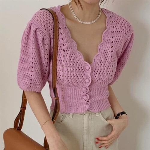 2021 New Puff Sleeve Hollow Out Crochet Cardigan Summer Casual Knitwear Sweater Women Elegant V-Neck Slim Knit Crop Tops Daily
