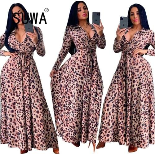 Leopard Printing Women High Waist Ankle-Length Dress 2021 Spring Hottest Turn-down Collar Single-breasted Sashes Party Dresses