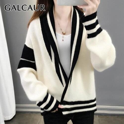 GALCAUR Print Coats For Women V Neck Lantern Long Sleeve Knitting Striped Hit Color Large Size Cardigans Female 2021 Autumn
