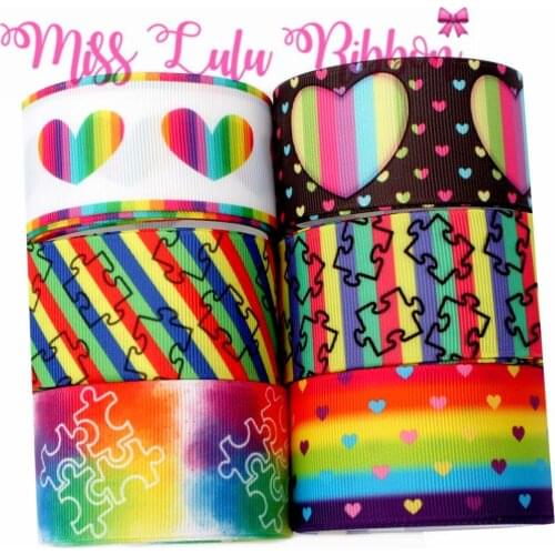16mm-75mm Rainbow Stripe Colorful Heart Puzzle Printed Grosgrain/Elastic Ribbon DIY Valentinies Day Hair Bowknot 50yards/roll