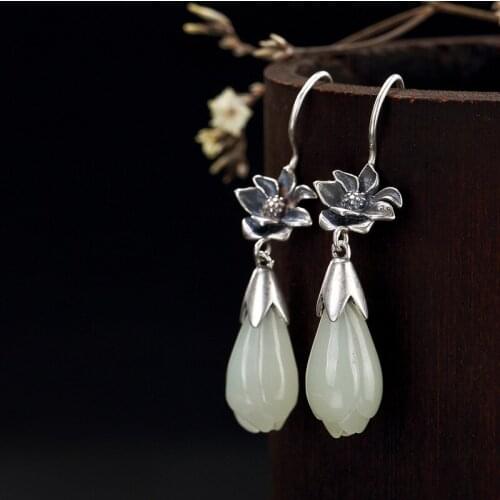 2018 New Arrival New Anniversary Brinco S925 Pure Natural Hetian Jade Mosaic Lotus Flower Female High-end Earrings Wholesale