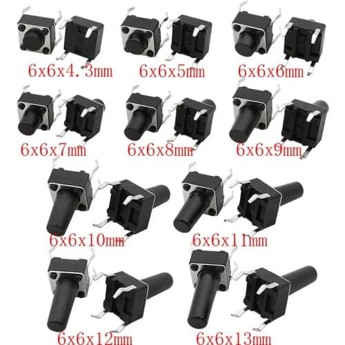30Pcs/lot 6x6mm Panel PCB Momentary Tactile Push Button Switch DIP 4 Pin 6*6 Tact Mini Push Button Switches Height 4.3mm-13mm