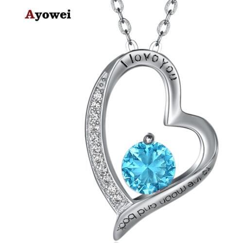 Ayowei Blue Heart Shaped 925 Sterling Silver Zircon Pendant Necklace Valentines Day Gift SP79A