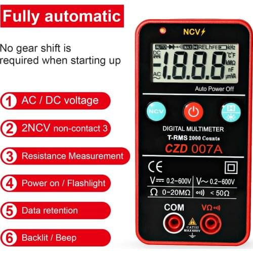 CZD007A NEW Generation 600V Digital Multimeter Ture RMS AC DC NCV Smart Multimetro Tester Ohm Capacitance Hz Voltage Meter
