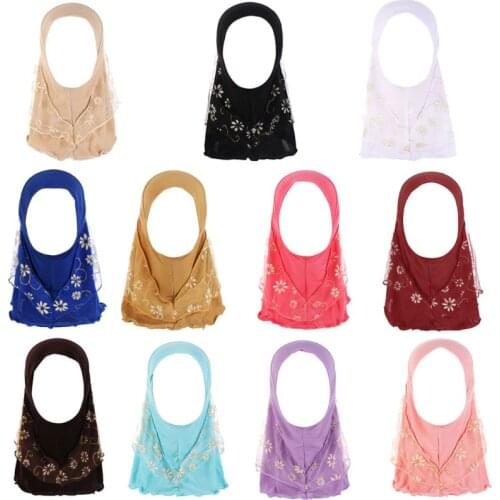 Children Muslim Small Girl Hijab With Lace Islamic Scarf Shawls Stretch Turban
