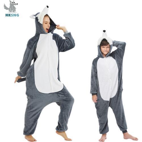 Flannel 3D Grey Adult Kigurumi Wolf Onesie Cartoon Pajama Animal Halloween Party Costume Jumpsuits Hooded Pyjamas Suit Outfit
