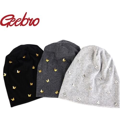 Geebro Fashion Soft Women Metal Butterfly Cotton Beanies Hat Caps New Elastic Slouch Stretch Baggy Hats Bonnet Femme