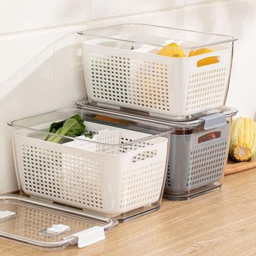 Kitchen Organizer Double-Layer Food Storage Box Drain Basket With Lid Refrigerator Crisper Vegetable Food Fresh Keep Container