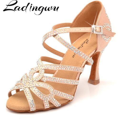 Ladingwu New Arrival Latin Dance Shoes Double Rhinestone Shining Skin Black Satin Women Ballroom Dancing Shoes Cuba Heel 9cm