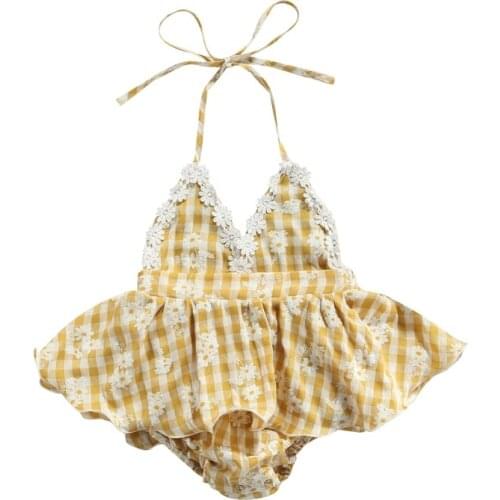 Summer Clothes 6-24M Baby Girls Halter Romper Sleeveless Backless Plaid Floral Print Bodysuit Tutu Dress