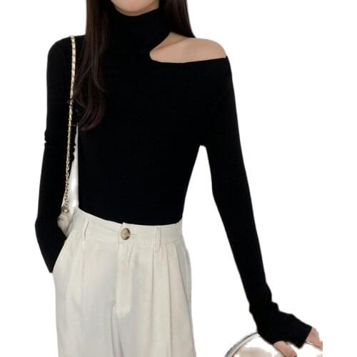 Fashion Autumn Women Slim turtleneck Off Shoulder Casual Solid Color Long Sleeve pullover Female Elastic knitwear sweaters Tops