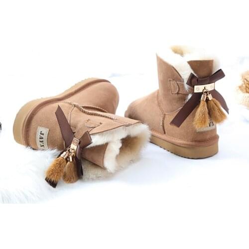 Fashion Natural Fur Winter Boots Women Snow Boots Real Wool Warm Boots Bow tassel Genuine Sheepskin Leather Non-Slip Women Boots
