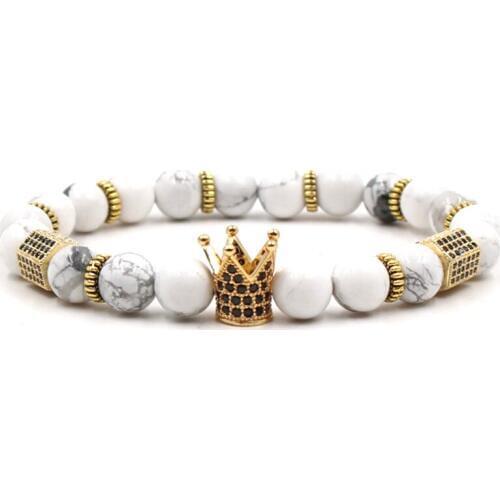 Men Jewelry Micro Pave CZ Zirconia King Crown Charm Bracelet Natural Stone Bead Bracelets Christmas Gifts