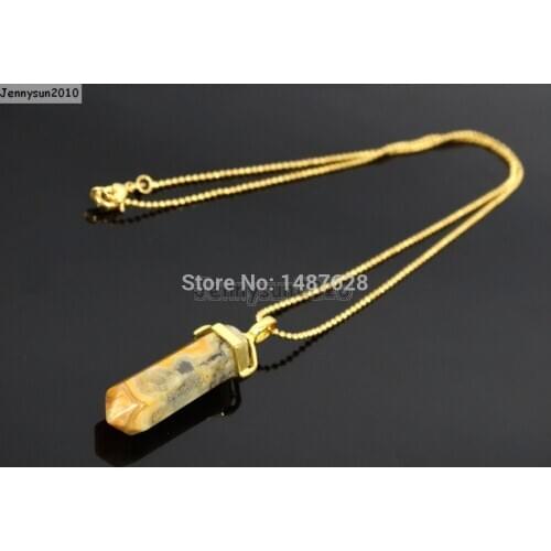 Natural Pictur Jas-per Gems Stones Hexagonal Pointed Healing Reiki Chakra Pendant Beads Gold 17'' Chain Necklace 5 Sets/Pack