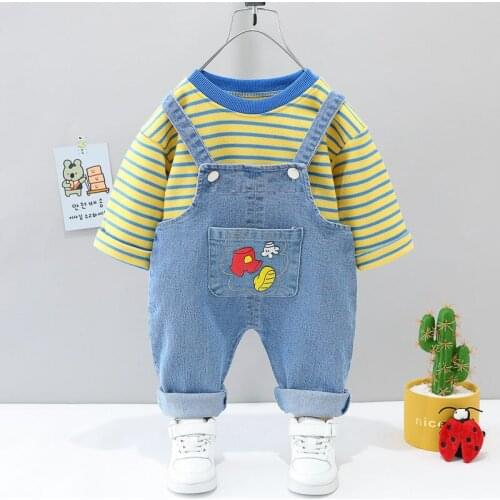 New Spring Autumn Children Cotton Clothes Baby Girls Cartoon T-shirt Denim Bib Pants 2Pcs/Set Out Kid Fashion Clothing Tracksuit