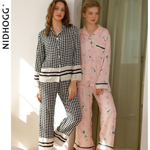 2021 Spring Fashion Pajamas Women Mahjong Satin Long Sleeve Sleepwear Viscose Print Lapel Pijamas 2 Piece Loungewear Home Suit