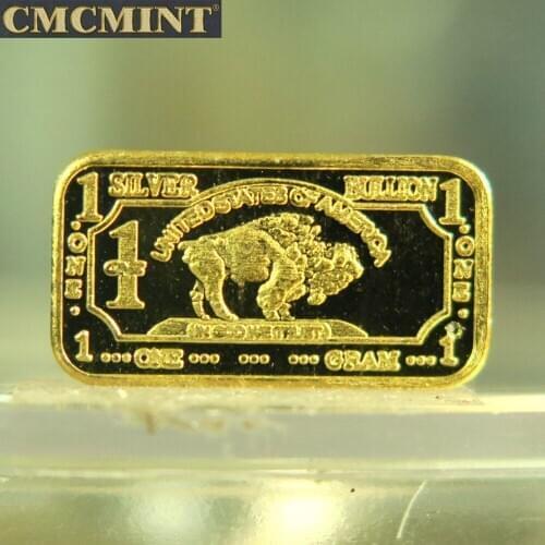 1 Gram Gold Plated Pure Silver Buffalo Bar A90b