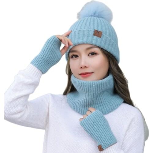 Drop Shipping Autumn Winter Neck Collar Cap Set Female Beanies Suit Outdoor Plush Knit Women Scarf Hat Gloves Three-Piece Set