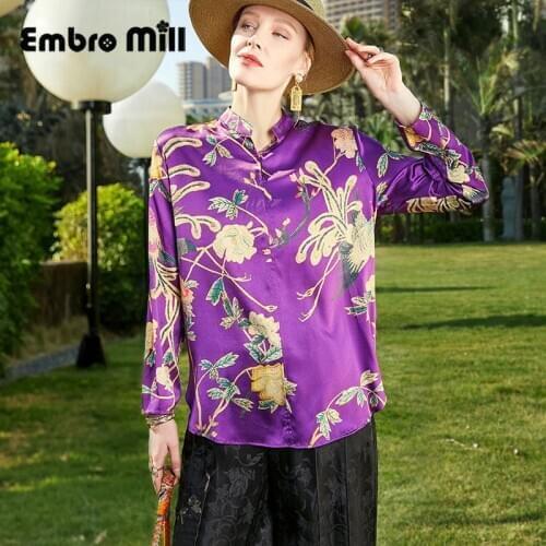 Small Stand Collar Silk Shirt Spring New Street Style Single-Breasted Loose Printing Long-Sleeved Top S-XL
