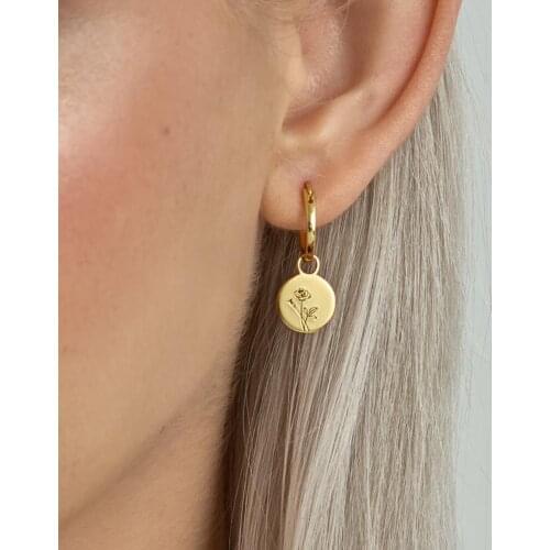 Birth Month Flower Earring Gold Rose Flower Round Ear Hoop Jewelry Fashion Birthday Gift January Flower For Women New Year Gift