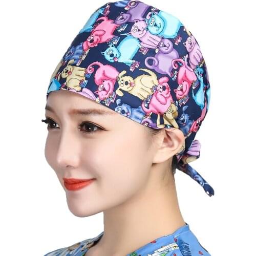Women Men Scrubs Caps Cartoon Printed Sweatband Hats Anti-dust Bandage Adjustable Work Wear Hats Accessories Beauty Salon Caps
