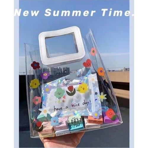 1pc Summer Transparent Floral Handbag Large Capacity PVC for Girls Portable Storage Bag Japanese Make Up Bag
