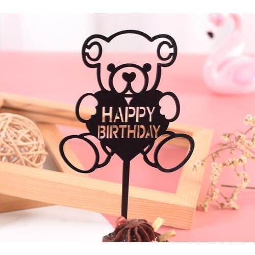 Gold Silver Cute Bear Happy Birthday Cake Topper Birthday Cupcake Topper Flags Decorate for Kids Birthday Party Lovely Gifts
