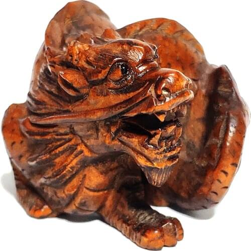 Y6586 - 2" Hand Carved Boxwood Netsuke Carving Figurine: Zodiac Dragon Statue Small Carving Crafts Home Decoration Ornaments