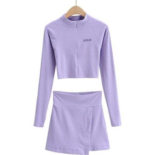 Zipper short skirt suit women 2021 spring European and American style tight short top + irregular short skirt two-piece suit