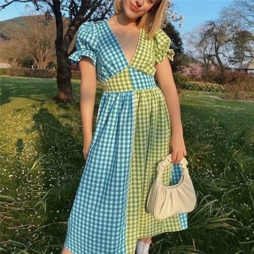 Woman Sweet Green Plaid Cotton Long Dress Girls Cute Puff Sleeve High Waisted Dresses Female 2021 Casual V Neck Patchwork Dress