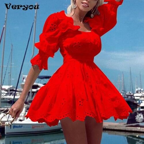 Elegant Hollow Out Solid Party Dresses Women Sexy Lace Patchwork Ruffles Dress Summer Loose Square Collar Casual Dress Vestidos