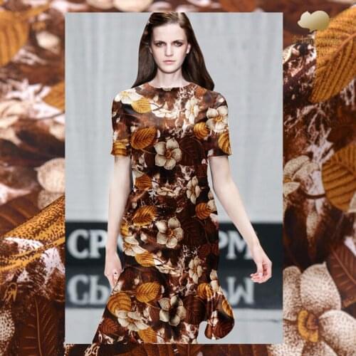 1.08 Meter X 1 Meter Vintage Floral Print Brown Elastic Satin Clothing Mulberry Silk Fabrics For Sewing Dress