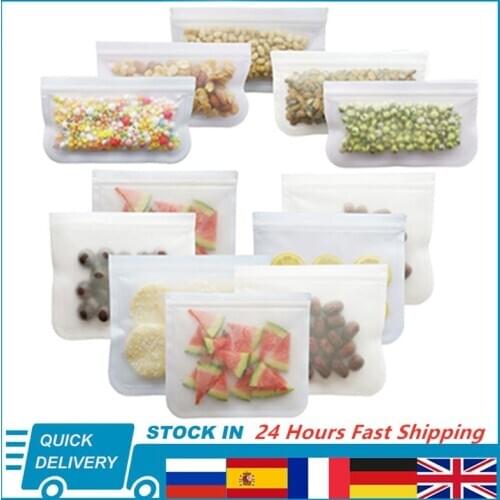 12Pcs/Set Silicone Food Bag Frosted PEVA Silicone Food Fresh-keeping Bag Reusable Freezer Bag Zipper Leakproof Top Fruits Bag