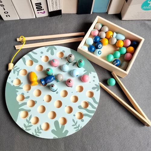 2in1 wooden rainbow 26 letter beads for kids & magnetic fishing toy montessori educational wooden Hands Brain Training Clip toy