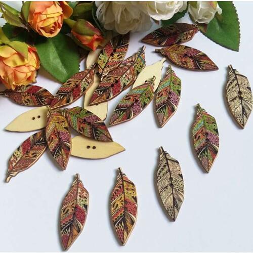 50pcs Random Mixed feather Buttons Sewing supplies / 2 Holes Decorate Scrapbooking Accessory wooden buttons