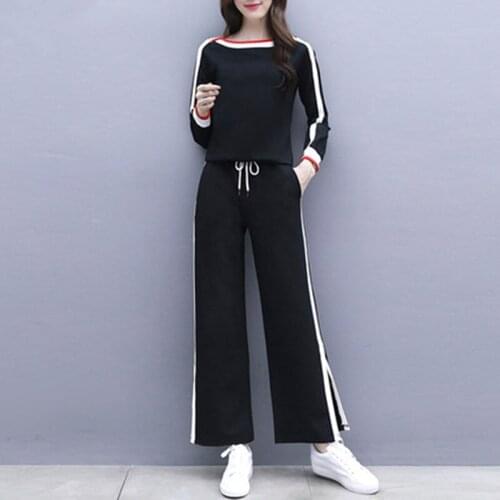 Womens Brand Cotton Sportswear Pants Set Long Sleeve Striped Wide Leg Pants Womens Sportswear Two Pieces Black