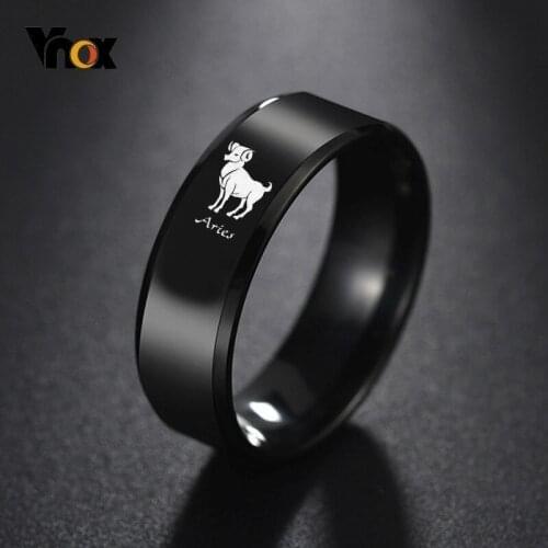 Vnox 12 Horoscope Engraved Black Stainless Steel Rings for Men 8mm Classic Male Wedding Band Twelve Constellation Alliance
